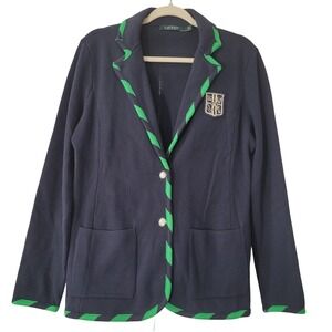 Lauren Ralph Lauren Knit Blazer Jacket Sz L Navy Blue Green RL Crest Preppy